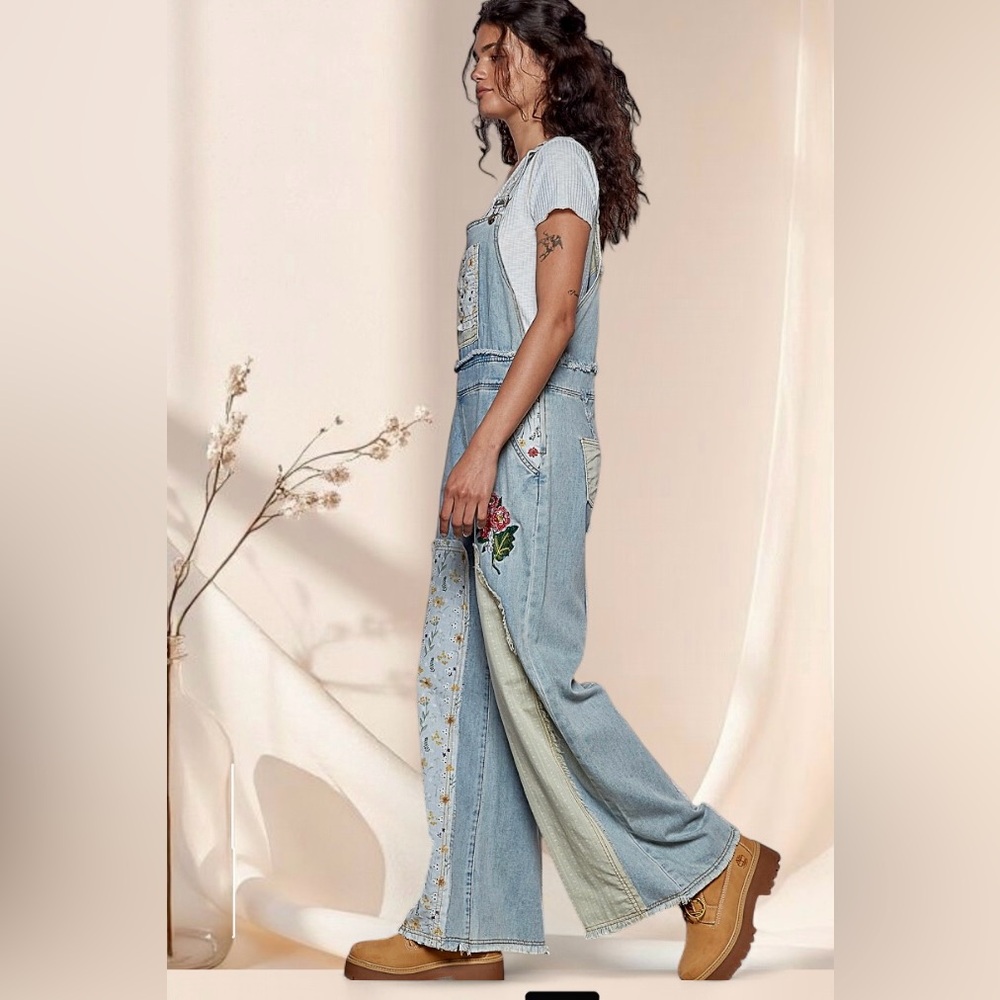 POL Floral Patchwork Jean Overalls Embroidered Bohemian Denim Jumpsuit - Picture 6 of 8